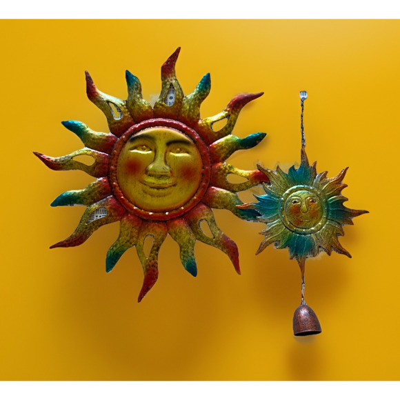 Iridescent Metal Sun Wall Art, Hand-Painted 14.25”D + Hanging Wind Chime 13" T - Picture 1 of 4